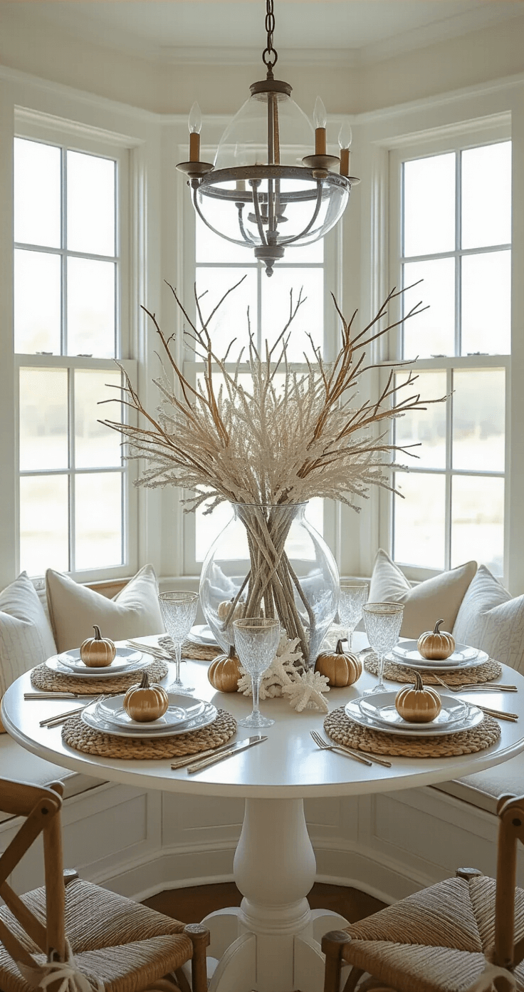 Coastal Thanksgiving Decor: Bringing Beach Vibes to Your Harvest Celebration Intimate dining nook featuring a round pedestal table surrounded by coastal decor, highlighted by mid-morning light streaming through a bay window. The table displays a harvest arrangement with a large glass hurricane vase filled with bleached coral, white starfish, and metallic bronze mini pumpkins, complemented by capiz shell chargers, white china, and crystal stemware adorned with twine and small shells. The textures of seagrass, glass, and weathered metals merge in a palette of pearl white, aqua, driftwood gray, and warm brass tones.