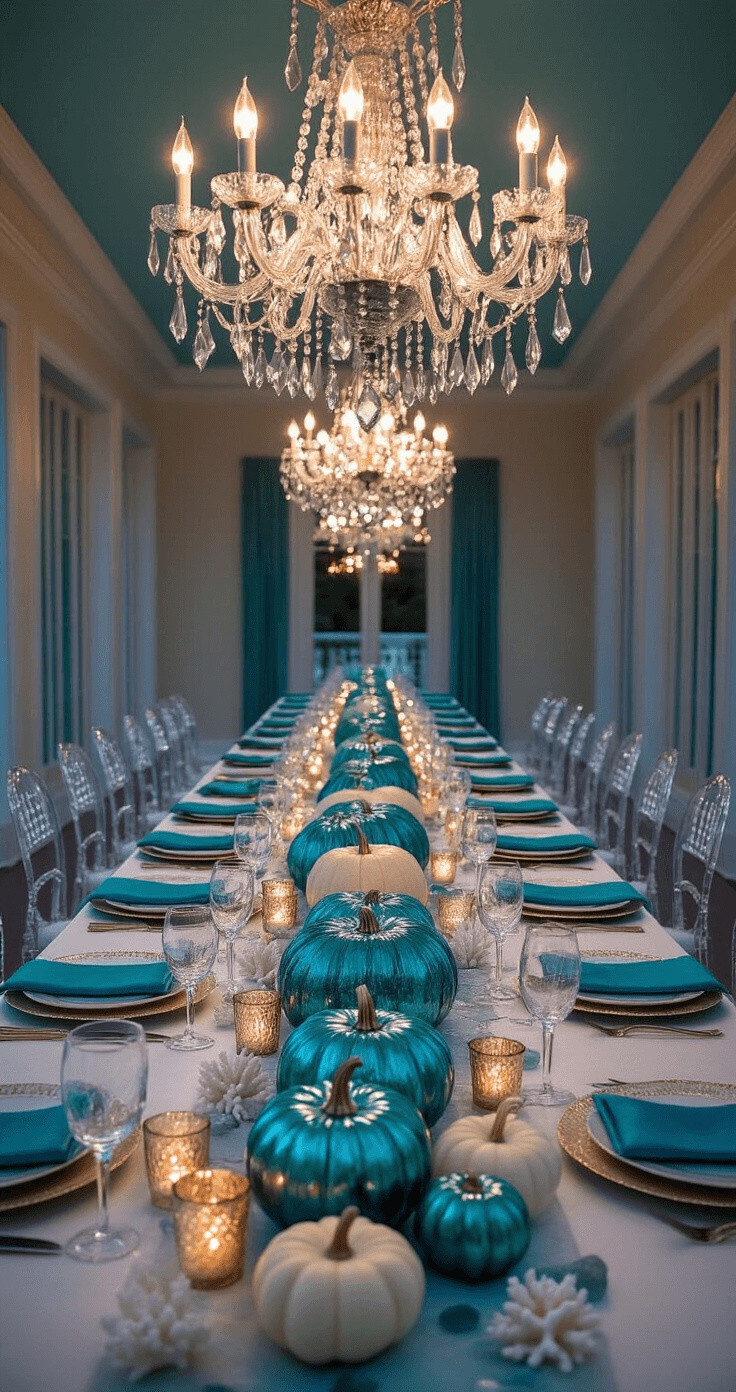 Coastal Thanksgiving Decor: Bringing Beach Vibes to Your Harvest Celebration A sophisticated formal dining space with a crystal chandelier illuminating an elongated table adorned with ombré blue-tinted glass pumpkins, natural gourds, and anchored by white coral specimens, complemented by ghost chairs with azure silk cushions, at dusk.