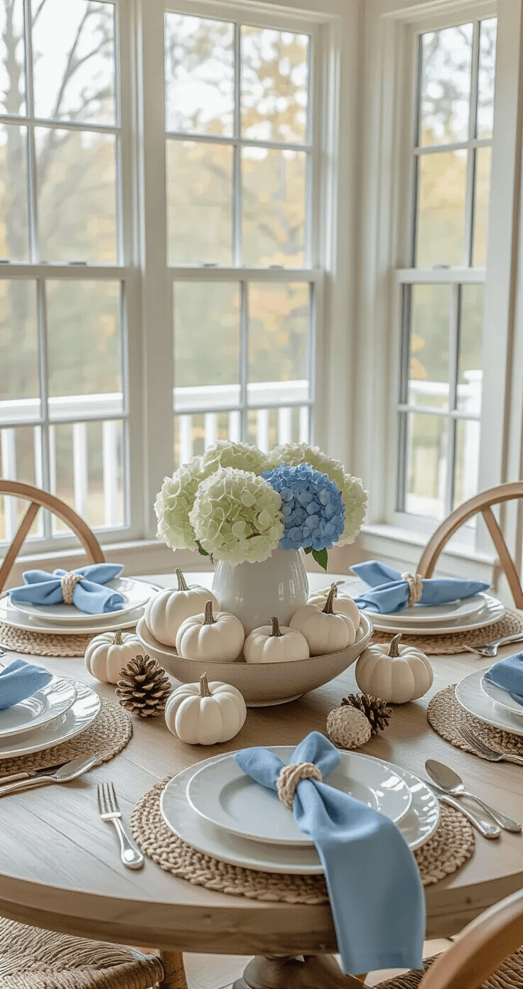 Coastal Thanksgiving Decor: Bringing Beach Vibes to Your Harvest Celebration Bright breakfast room with floor-to-ceiling windows, featuring a contemporary round table adorned with a low dough bowl filled with white mini pumpkins, bleached pinecones, and pale blue hydrangeas. Elegant place settings with mother-of-pearl chargers, white plates, and nautical blue napkins secured with sailor's knot rings, captured in warm morning light.