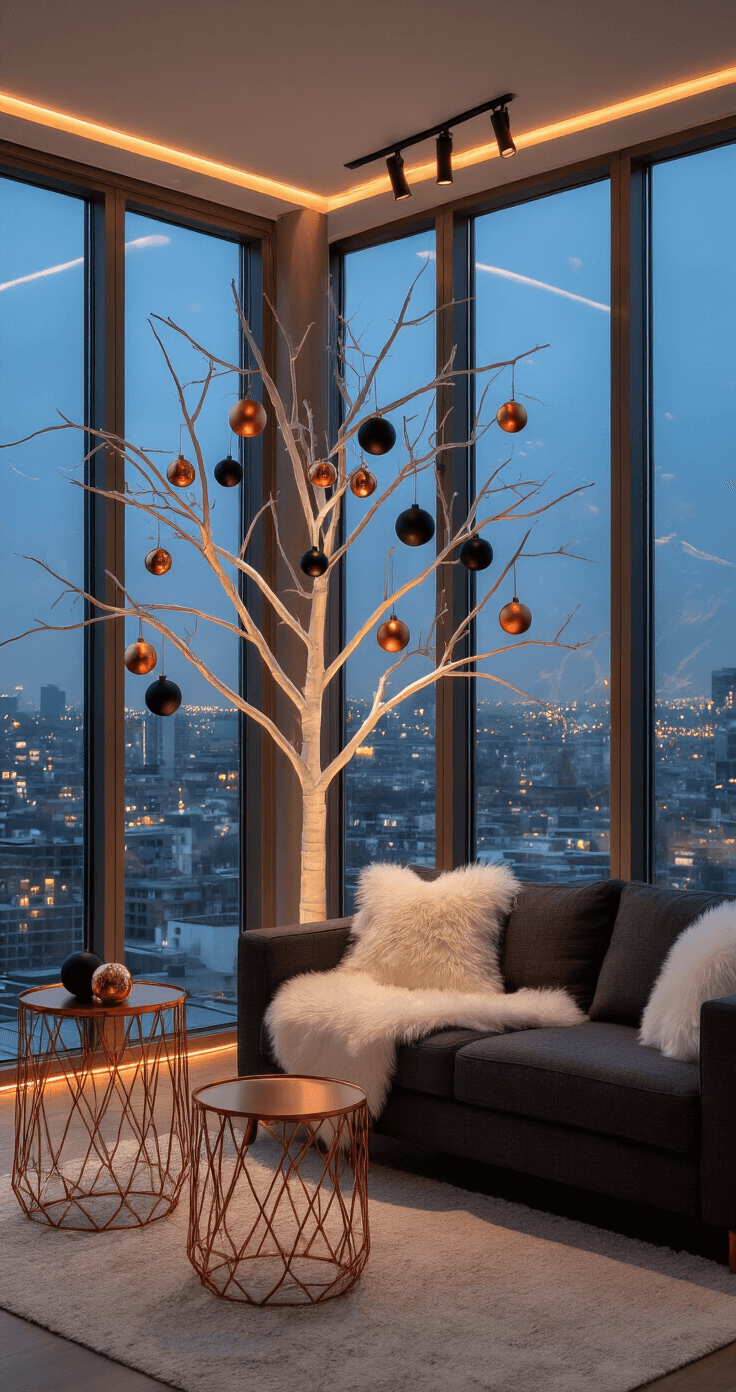 Magical Christmas Living Room Decor: Your Ultimate Guide to Festive Home Styling An intimate modern living space at dusk, showcasing a minimalist white tree with black and copper ornaments, floor-to-ceiling windows revealing city lights, a charcoal linen sofa with faux fur throws, geometric copper side tables, and dramatic lighting creating shadows.