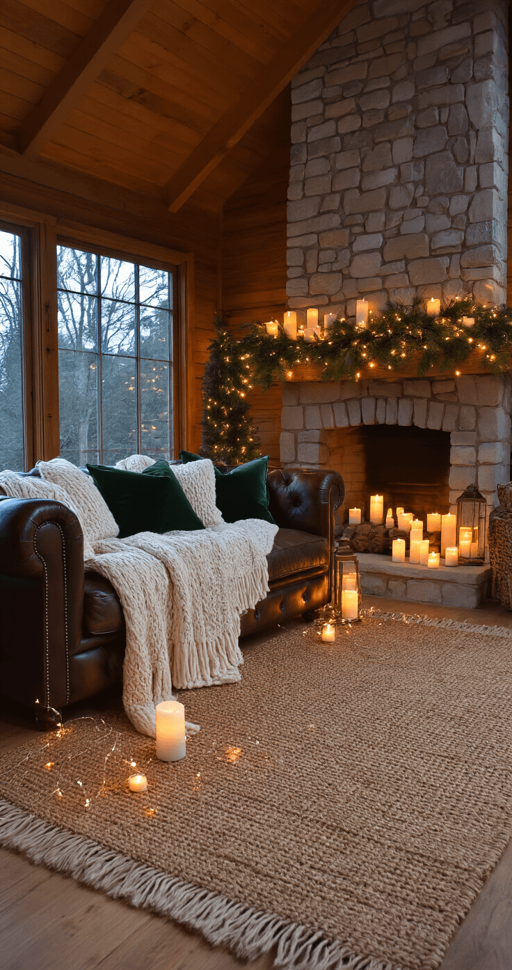 Magical Christmas Living Room Decor: Your Ultimate Guide to Festive Home Styling A cozy cottage living room at twilight, featuring a leather Chesterfield sofa with cream throws and green pillows, surrounded by LED candles, a jute rug, and a stone fireplace with a pine garland and fairy lights. Vintage brass lanterns add warm lighting.