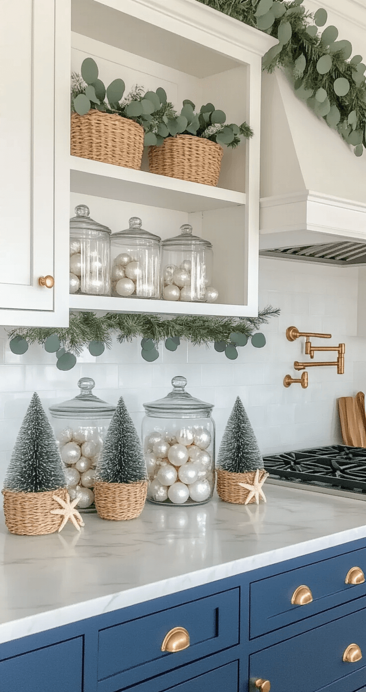 Coastal Christmas Magic: Transforming Your Home into a Modern Seaside Holiday Haven A bright and airy coastal kitchen decorated for Christmas, featuring marble countertops, white cabinetry, and a coastal blue island. Open shelving holds glass canisters filled with pearlescent ornaments, while mini flocked trees in seagrass baskets accent the countertops. Eucalyptus garland and starfish drape the range hood, illuminated by mid-morning light.