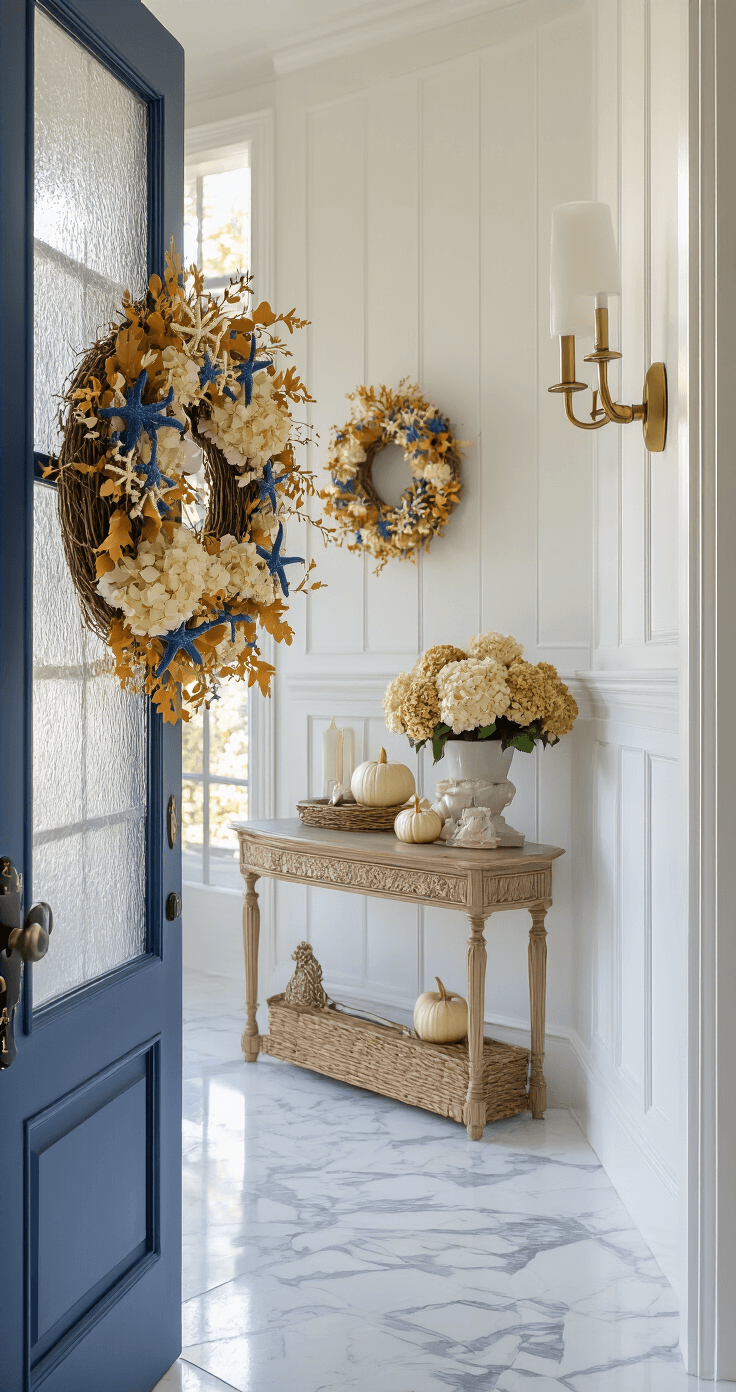 Coastal Fall Wreath: A Beachy Autumn Decor Masterpiece Interior entryway featuring a naval blue door with a coastal fall wreath made of a grapevine base, decorated with blue starfish, champagne mini pumpkins, and ivory hydrangeas, illuminated by warm golden light from a frosted glass door, with blurred marble floor and vintage console table in the foreground.