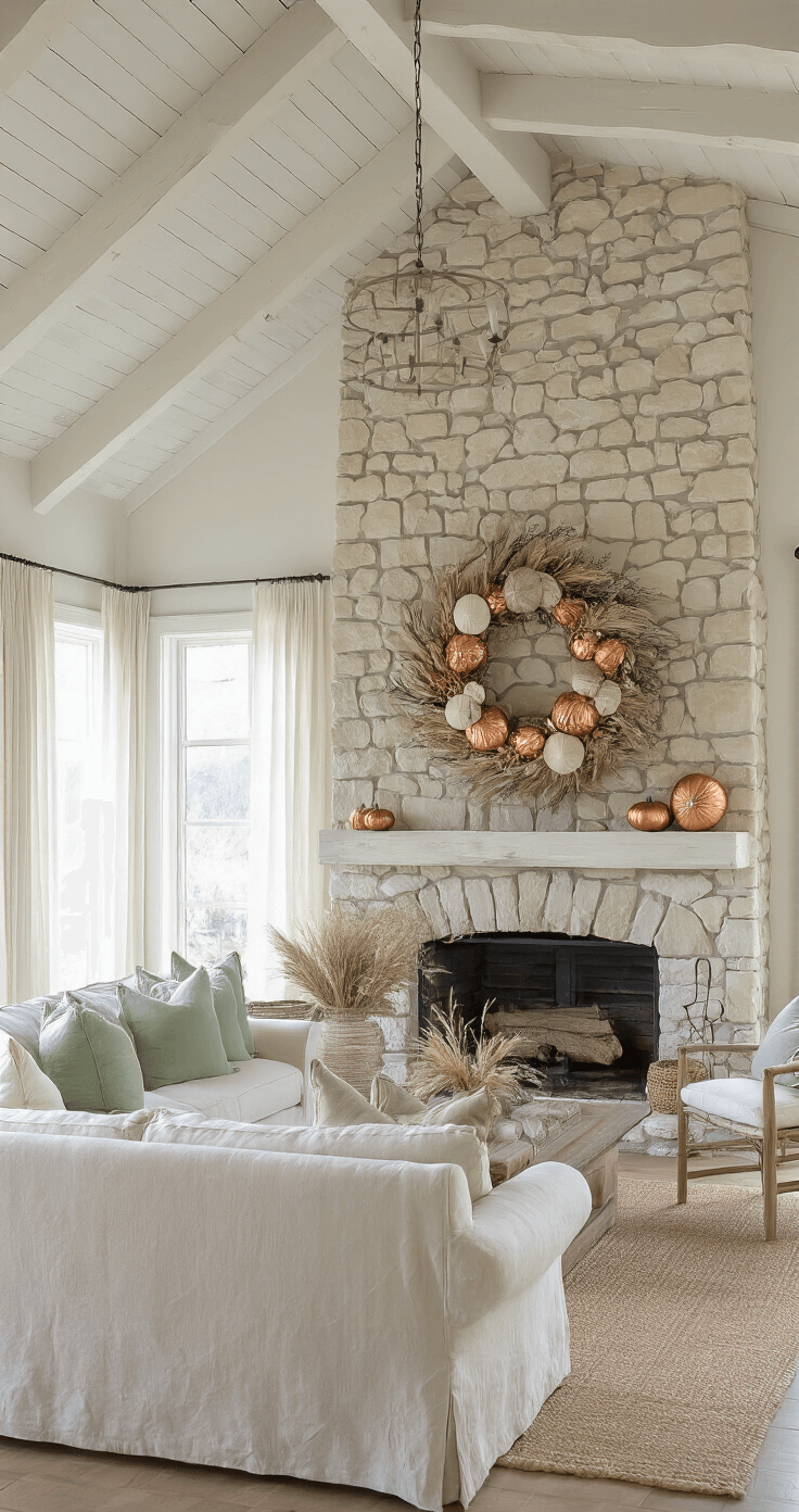 Coastal Fall Wreath: A Beachy Autumn Decor Masterpiece Airy coastal living room featuring a vaulted ceiling with exposed whitewashed beams, a weathered stone fireplace adorned with a driftwood wreath, and a linen sofa with sage green and cream pillows, all illuminated by morning light filtering through sheer curtains.