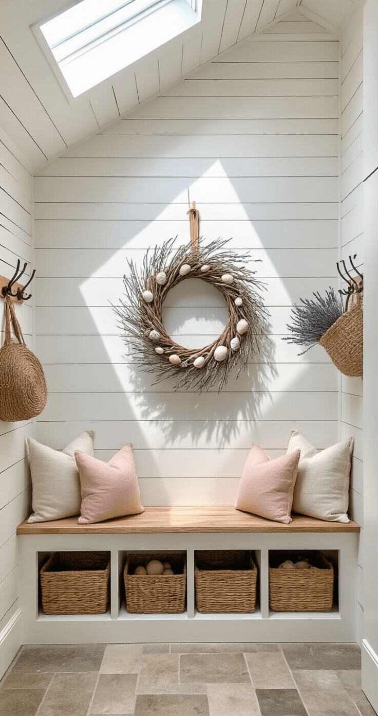 Coastal Fall Wreath: A Beachy Autumn Decor Masterpiece Coastal farmhouse mudroom with shiplap walls, built-in bench seating, and a 22-inch wreath made of driftwood, seashells, blush mini pumpkins, and dried sea lavender, illuminated by natural light from a skylight, featuring vintage hooks and woven baskets in the background.
