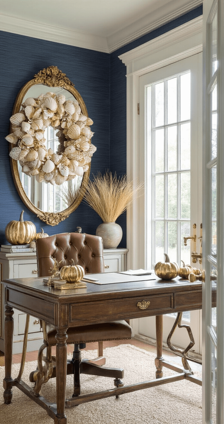 Coastal Fall Wreath: A Beachy Autumn Decor Masterpiece A nautical-inspired home office features navy grasscloth wallpaper and afternoon light streaming through French doors. An antique mirror reflects a 26-inch wreath, surrounded by capiz shells, mercury glass pumpkins, and preserved beach grasses in muted gold tones, alongside brass desk accessories and a leather chair. The macro lens captures intricate shell details while showcasing the overall design.