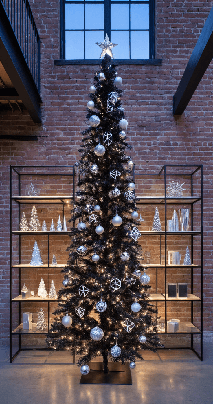Magical Christmas Living Room Decor: Your Ultimate Guide to Festive Home Styling An urban loft with 14ft ceilings at blue hour, featuring an 8ft black artificial tree decorated with silver and white geometric ornaments against exposed brick, industrial metal shelving with minimalist holiday decor, and dramatic uplighting highlighting architectural features.