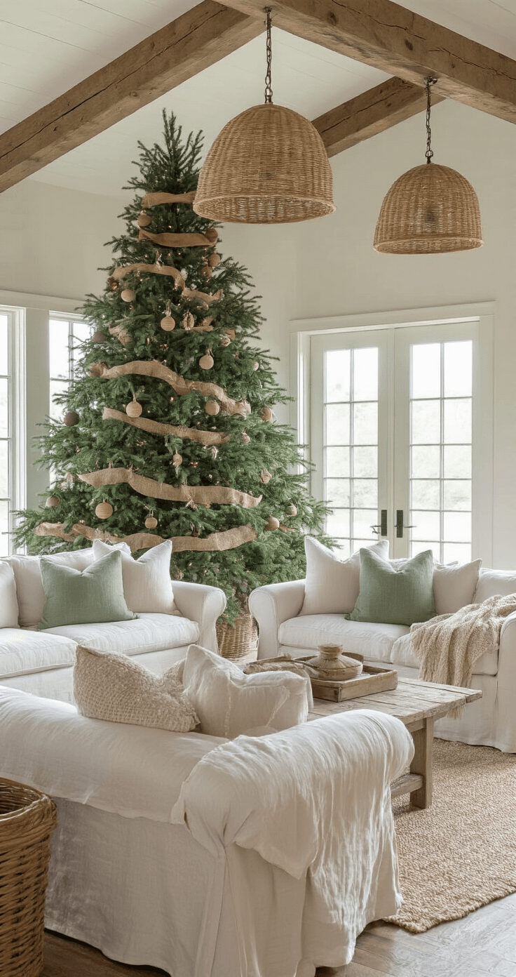 Magical Christmas Living Room Decor: Your Ultimate Guide to Festive Home Styling A spacious farmhouse-style living room featuring a Norfolk pine tree with wooden ornaments and burlap ribbon, flanked by slipcovered linen sofas in warm white, accented by oatmeal and sage green throws. The setting boasts a vintage wood beam ceiling, natural light streaming through windows, and glowing basket-weave pendant lights.