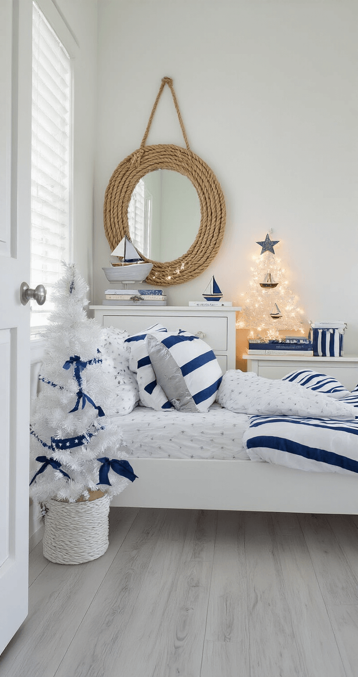 Coastal Christmas Bedroom: Create a Serene Holiday Retreat A cozy children's bedroom featuring white walls and pale gray wooden floors, with a twin bed dressed in navy and white nautical stripe bedding. A mini white Christmas tree with blue ribbons and sailboat ornaments decorates the bedside table, and a rope-wrapped mirror hangs above the dresser. The room is illuminated by natural light and twinkle lights, captured from the doorway in a wide-angle view.