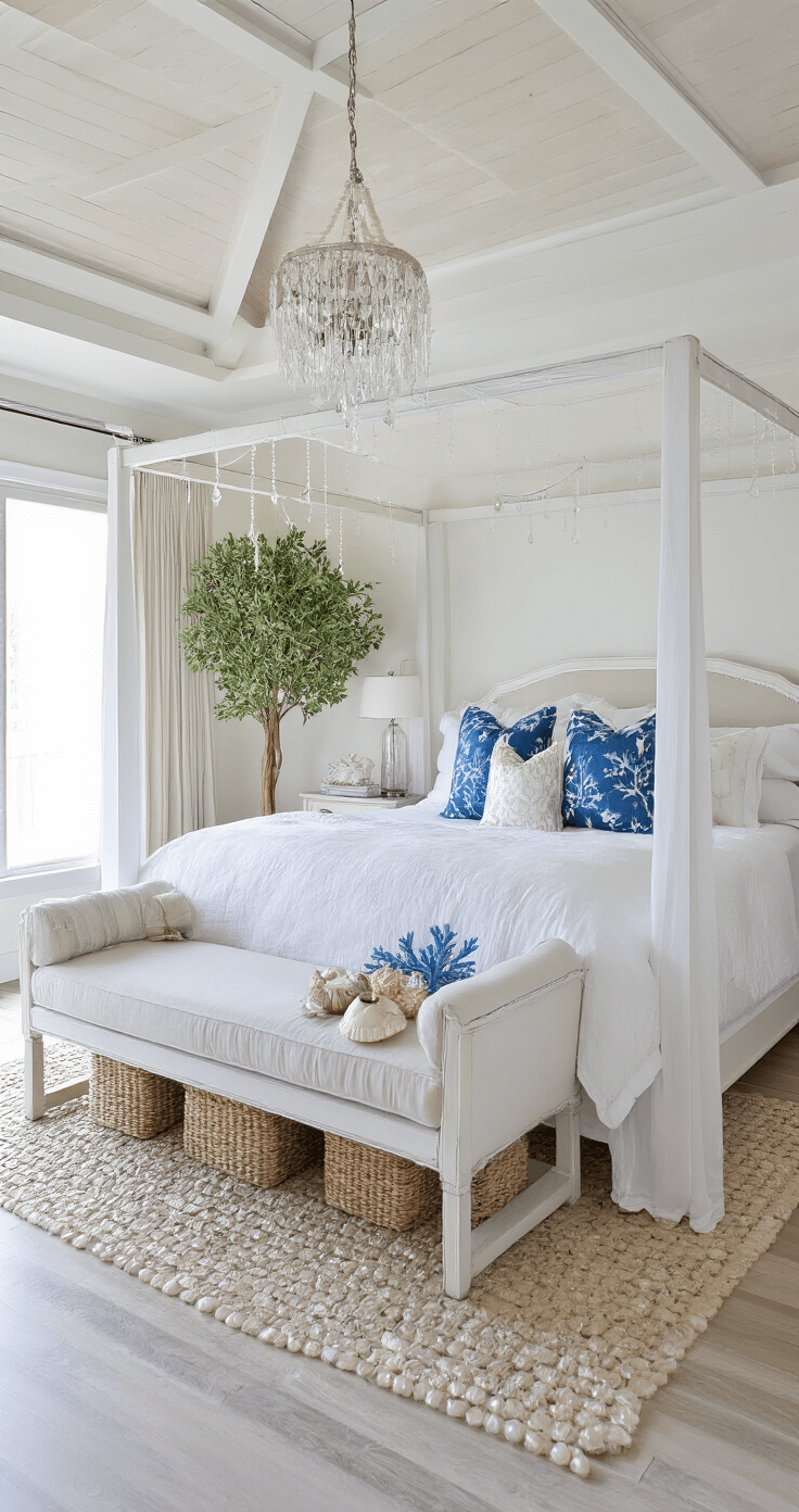 Coastal Christmas Bedroom: Create a Serene Holiday Retreat A luxurious master suite featuring a king canopy bed with white linen and blue coral patterns, surrounded by coastal decor including a slim artificial tree with glass icicles and pearl strands, all illuminated by natural light filtering through sheer curtains.