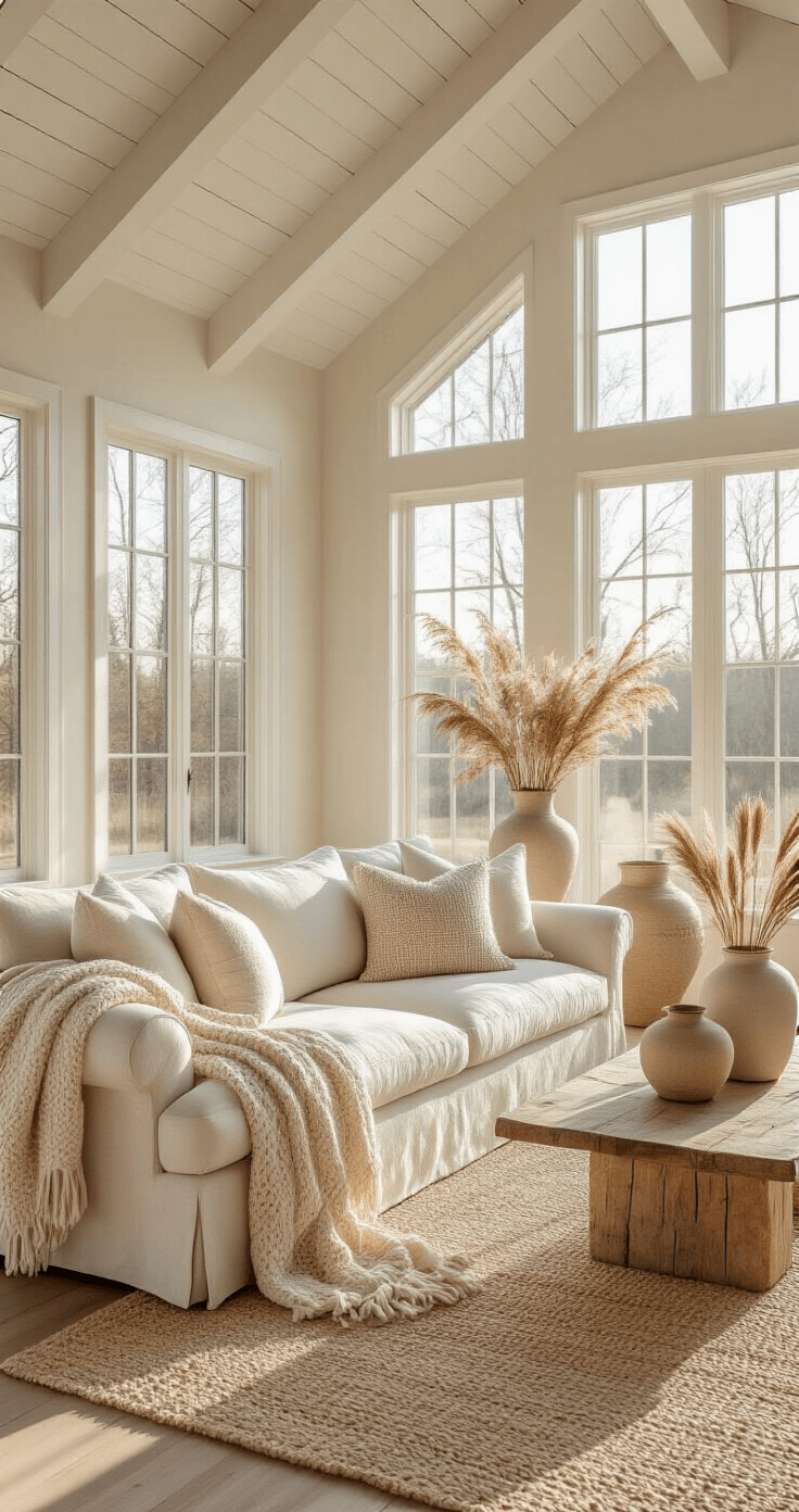 Embrace the Fall Coastal Grandmother Style: A Cozy Autumn Transformation Guide A sunlit living room with 12ft ceilings, featuring a cream slipcovered sofa, chunky knit throws, floor-to-ceiling windows, and vintage vases with dried flowers, captured from a low corner angle.