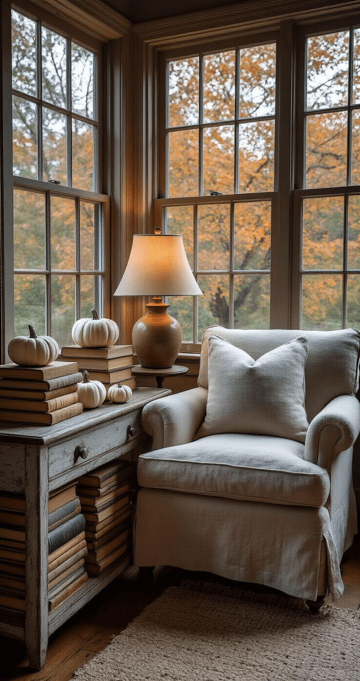 Embrace the Fall Coastal Grandmother Style: A Cozy Autumn Transformation Guide A cozy reading nook at dusk featuring a dove grey linen armchair beside a bay window, autumn trees outside, a stack of vintage books as a side table, and a ceramic lamp providing warm light, with white mini pumpkins on a distressed wooden console, captured with a wide-angle lens to enhance the intimate atmosphere.
