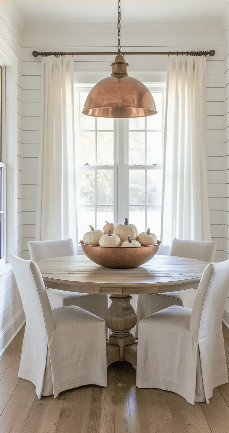 Embrace the Fall Coastal Grandmother Style: A Cozy Autumn Transformation Guide A serene breakfast nook featuring white shiplap walls, a weathered oak round pedestal table, and natural linen slipcovered chairs, adorned with a large copper bowl of pale gourds, softly illuminated by morning light filtering through gauzy white curtains.