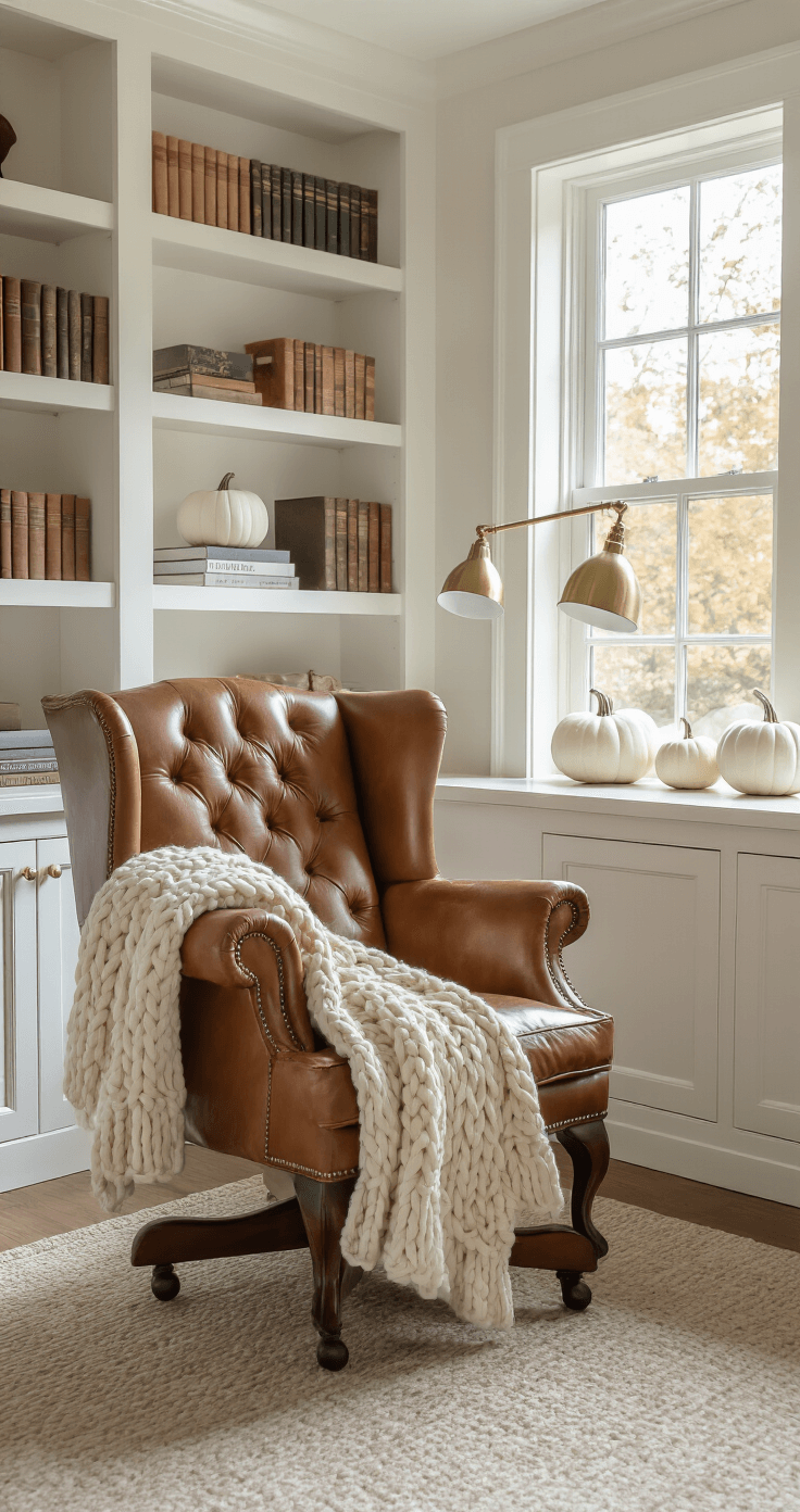 Embrace the Fall Coastal Grandmother Style: A Cozy Autumn Transformation Guide A cozy home office with built-in white bookshelves, a cognac leather wingback chair draped with an ivory cable-knit throw, and warm afternoon light illuminating the space, featuring a brass desk lamp and white pumpkins on the window sills.