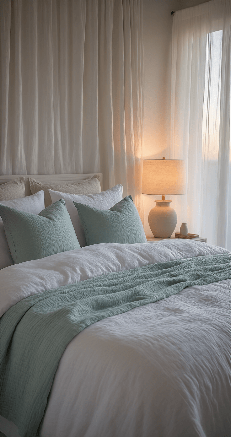 Embrace the Fall Coastal Grandmother Style: A Cozy Autumn Transformation Guide A tranquil primary bedroom at twilight featuring a cloud-like bed with white linen and quilted shams in sandy beige and seafoam green, whitewashed bedside tables with ceramic lamps, and gauzy curtains softly filtering the sunset. The scene is shot from bed level, highlighting layered textures and an intimate atmosphere enhanced by warm lamp light against a cool twilight backdrop.