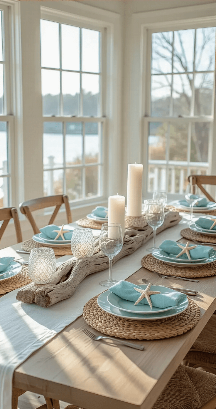 Coastal Christmas Tablescape: Create a Breezy, Festive Holiday Dining Experience A sunlit coastal dining room decorated for Christmas, featuring a large rectangular table with a white linen tablecloth, natural woven placemats, and a driftwood centerpiece with candles and shell ornaments, all set against bright bay windows.