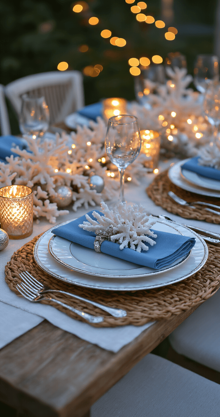 Coastal Christmas Tablescape: Create a Breezy, Festive Holiday Dining Experience Close-up of an intimate holiday tablescape at blue hour, showcasing layered place settings with rattan placemat, white charger, silver-rimmed glass plate, and azure linen napkin. Warm light from mercury glass votives highlights small arrangements of coral, metallic baubles, and string lights, with a 30-degree angle capturing shimmer and texture.