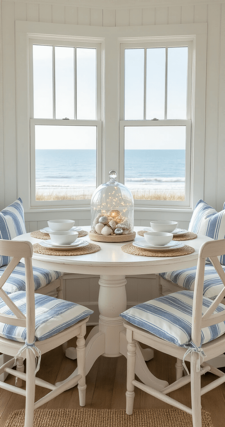 Coastal Christmas Tablescape: Create a Breezy, Festive Holiday Dining Experience Coastal breakfast nook featuring a round pedestal table with sand-colored linen, white-washed wooden chairs with blue striped cushions, and a glass cloche centerpiece filled with fairy lights and shells, set against white paneled walls and an ocean-facing window.