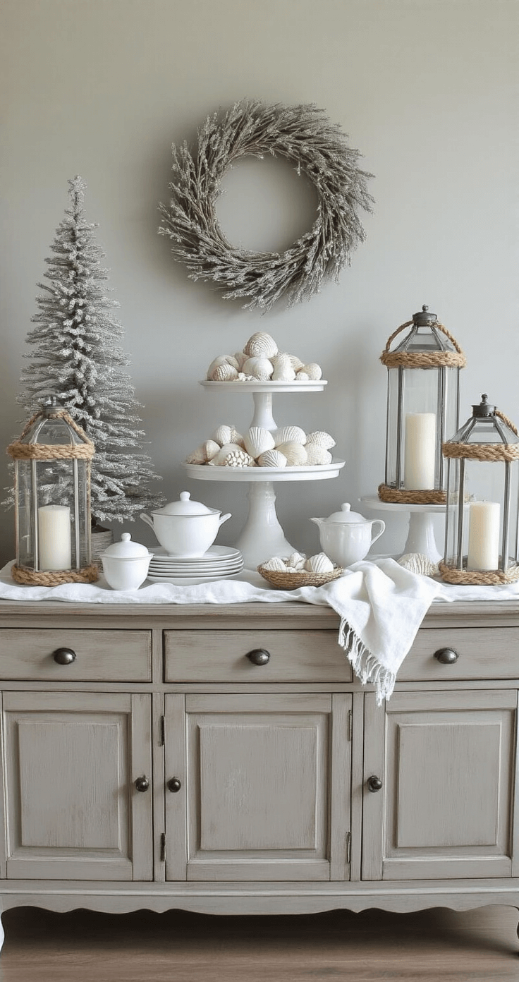 Coastal Christmas Tablescape: Create a Breezy, Festive Holiday Dining Experience A vintage sideboard styled for holiday entertaining, featuring white ceramic serveware on varying height platforms draped in linen, glass hurricane lanterns surrounding a driftwood Christmas tree, and metallic silver seashells scattered decoratively.