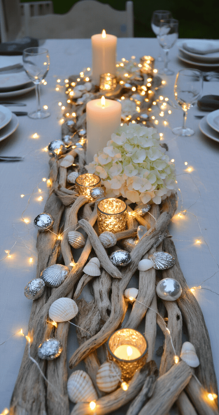 Coastal Christmas Tablescape: Create a Breezy, Festive Holiday Dining Experience Macro shot of a candlelit table runner featuring weathered driftwood, white LED fairy lights, silver-sprayed seashells, and glass baubles, with small mercury glass votives and white hydrangeas, highlighting cool whites and metallics against dramatic shadows.