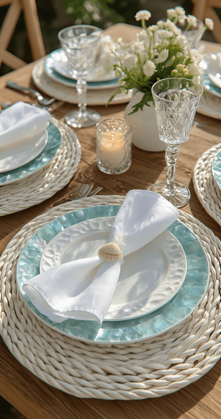 Coastal Christmas Tablescape: Create a Breezy, Festive Holiday Dining Experience Detailed view of an elegantly layered place setting featuring a whitewashed rattan placemat, mother-of-pearl charger, white dinner plate, and aqua salad plate, complemented by a crisp white napkin with sailor's knot detail and shell accent, crystal stemware glistening in natural light, along with a small votive and personal floral arrangement, captured at a 45-degree angle with macro focus.