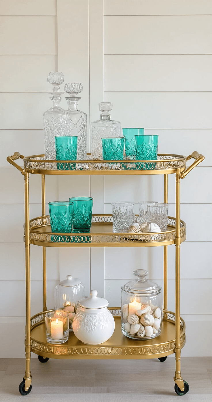 Coastal Christmas Tablescape: Create a Breezy, Festive Holiday Dining Experience A gold bar cart styled against a white board-and-batten wall, featuring coastal-inspired holiday drinks with crystal decanters and turquoise glasses on the top shelf, and white ceramic serve ware with shells and floating candles on the lower shelf, illuminated by warm late afternoon light.