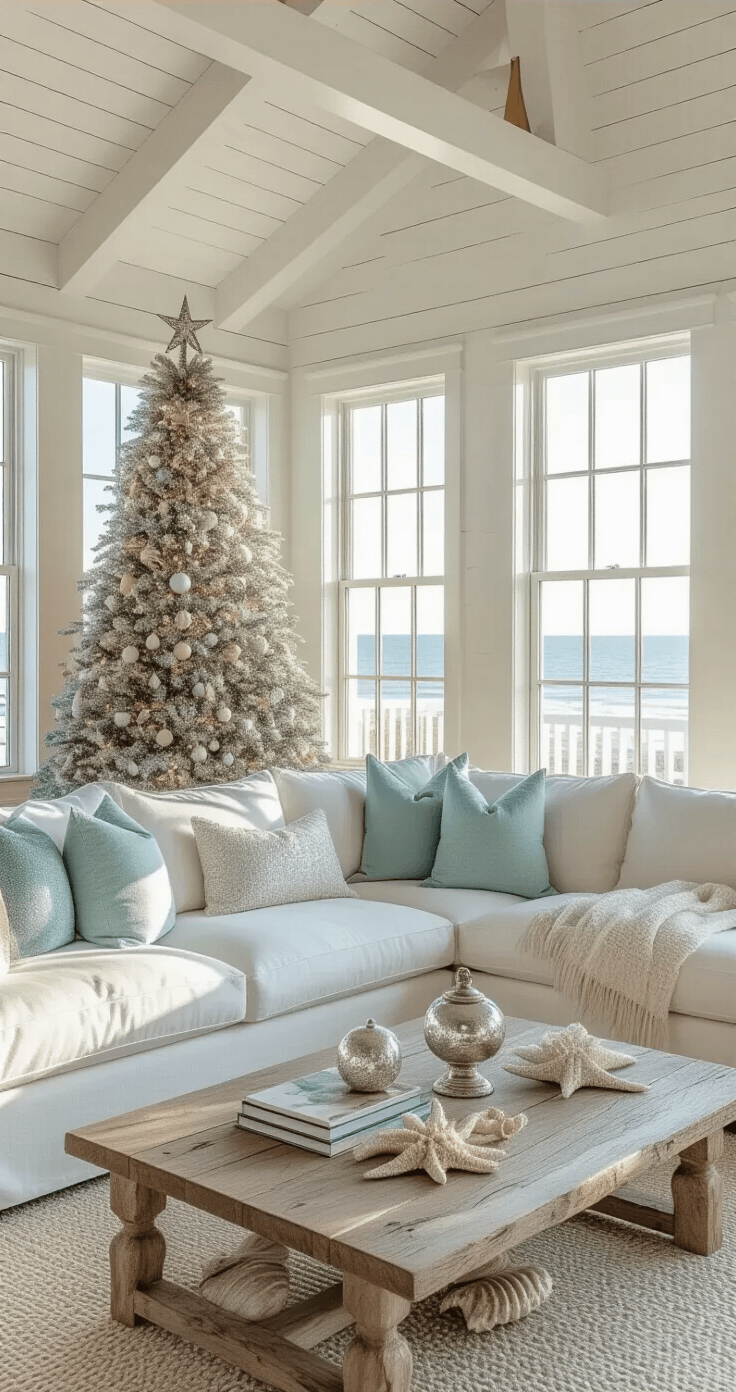 Coastal Christmas Decor: Transform Your Home into a Serene Holiday Seaside Retreat A serene coastal living room at golden hour, featuring a 9ft flocked Christmas tree in a bay window, white-planked ceilings, an ivory sectional with seafoam and silver pillows, and a driftwood coffee table with a mercury glass lamp and shells.