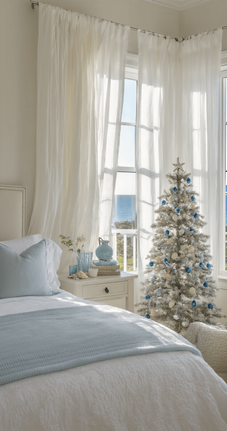Coastal Christmas Decor: Transform Your Home into a Serene Holiday Seaside Retreat Intimate master bedroom with sheer white curtains filtering morning light, featuring a king bed with white linens and a pale blue throw, adorned with coastal-themed pillows and a bedside console holding a decorated tabletop tree. The scene is captured from a low corner angle, emphasizing height and creating a tranquil, luxurious atmosphere.