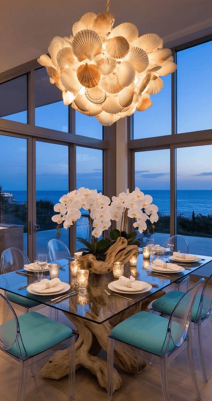 Coastal Christmas Decor: Transform Your Home into a Serene Holiday Seaside Retreat Modern open-concept dining space at dusk with floor-to-ceiling windows, a glass dining table adorned with a driftwood centerpiece, white orchids, mercury glass candle holders, and scattered shells, illuminated by a shell-encrusted chandelier; ghost chairs with aqua cushions complement the elegant coastal holiday atmosphere.