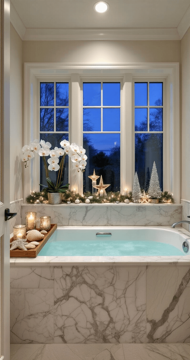 Coastal Christmas Decor: Transform Your Home into a Serene Holiday Seaside Retreat Luxurious primary bathroom at twilight featuring a freestanding soaking tub beneath a window adorned with white orchids and mercury glass candle holders, a coastal-themed vanity decorated with shell garland and silver starfish, all set on marble surfaces reflecting soft light, with gentle uplighting for a serene spa-like atmosphere.