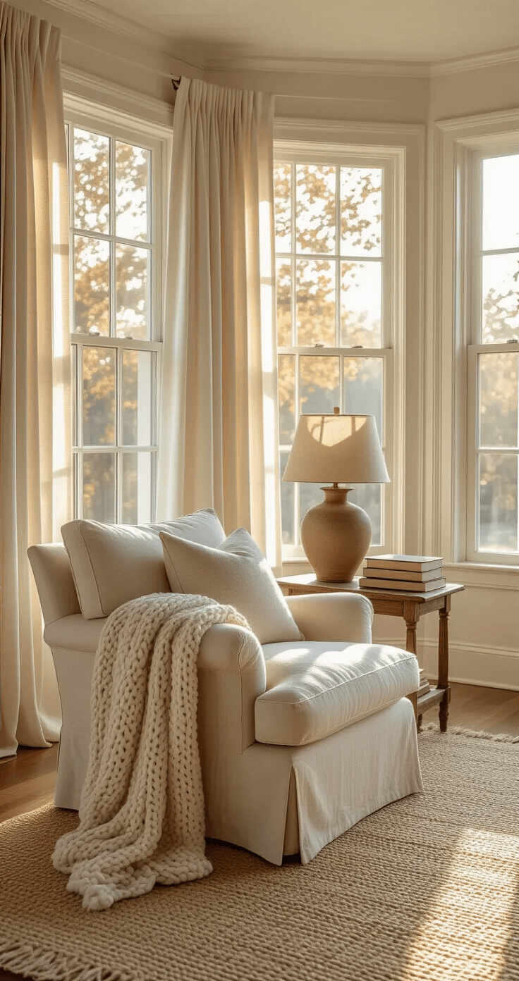 Coastal Grandma Fall Style: Creating Cozy, Elegant Autumn Interiors A sunlit living room with 10ft ceilings, bay windows filtering golden hour light through sheer curtains onto a cream jute rug, featuring an oversized oatmeal linen armchair with an ivory knit throw, a vintage book-stacked oak side table, and a warm brass-accented ceramic lamp, all captured from a low corner angle.