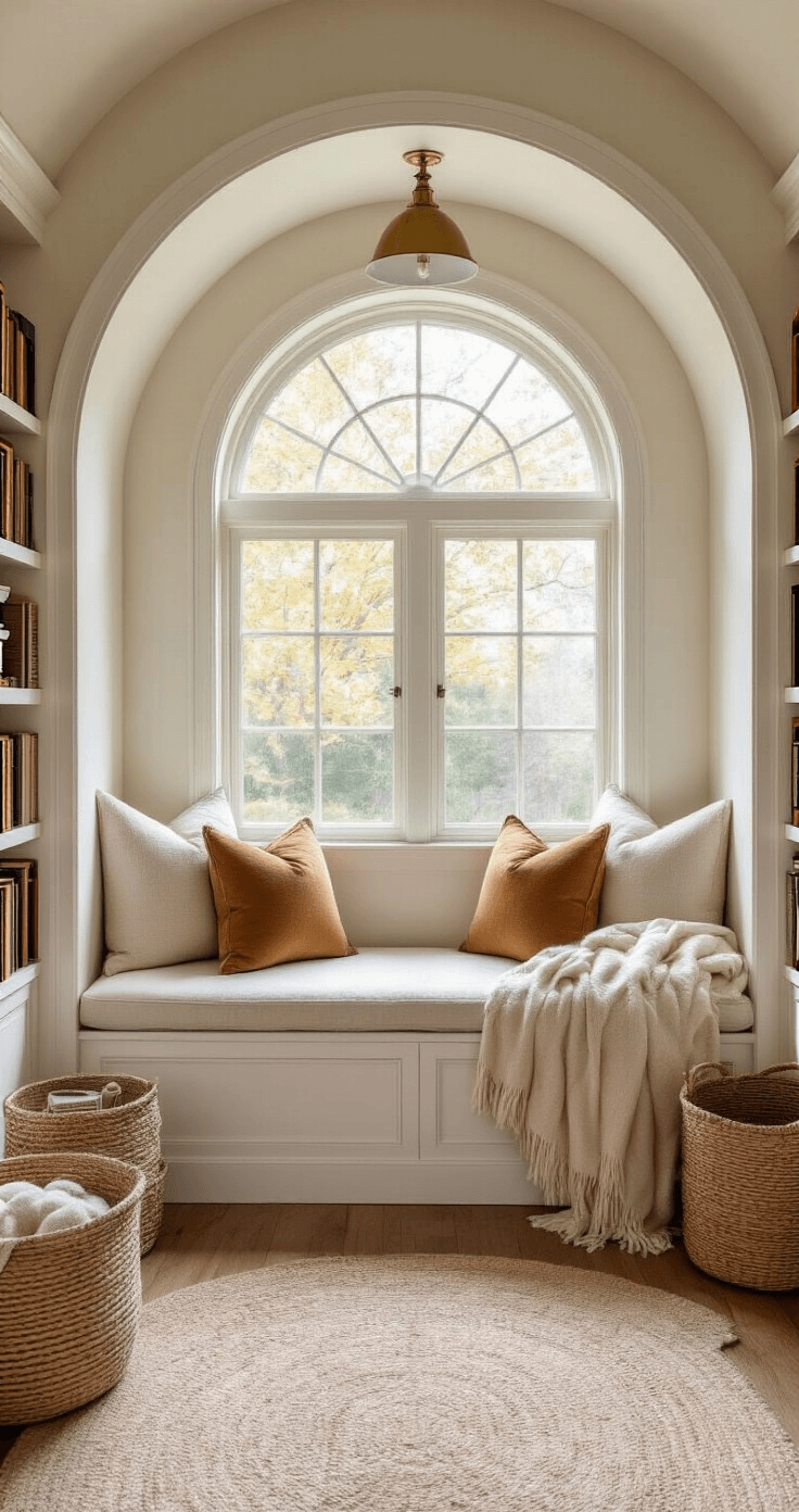 Coastal Grandma Fall Style: Creating Cozy, Elegant Autumn Interiors A cozy 12x12ft reading nook with built-in white bookshelves, a window seat covered in beige cushions and cashmere throws, a vintage brass floor lamp, and woven baskets, all bathed in warm afternoon light.