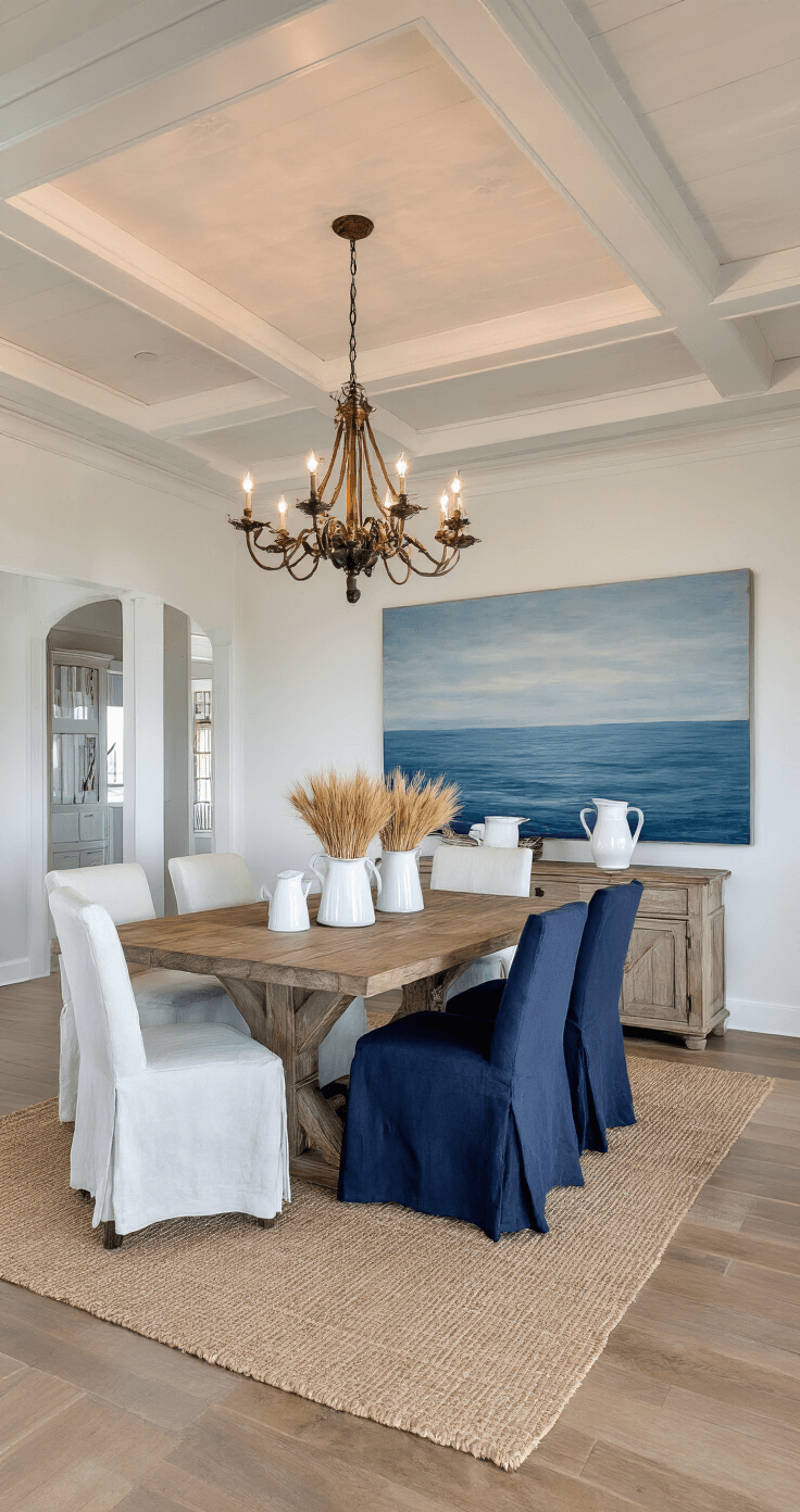 Coastal Grandma Fall Style: Creating Cozy, Elegant Autumn Interiors Open-concept dining area at dusk featuring a coffered ceiling and vintage chandelier illuminating a rustic oak table with white slip-covered and navy linen chairs, a weathered sideboard adorned with white ceramic pitchers and dried wheat, and a coastal-themed seascape in muted blues.