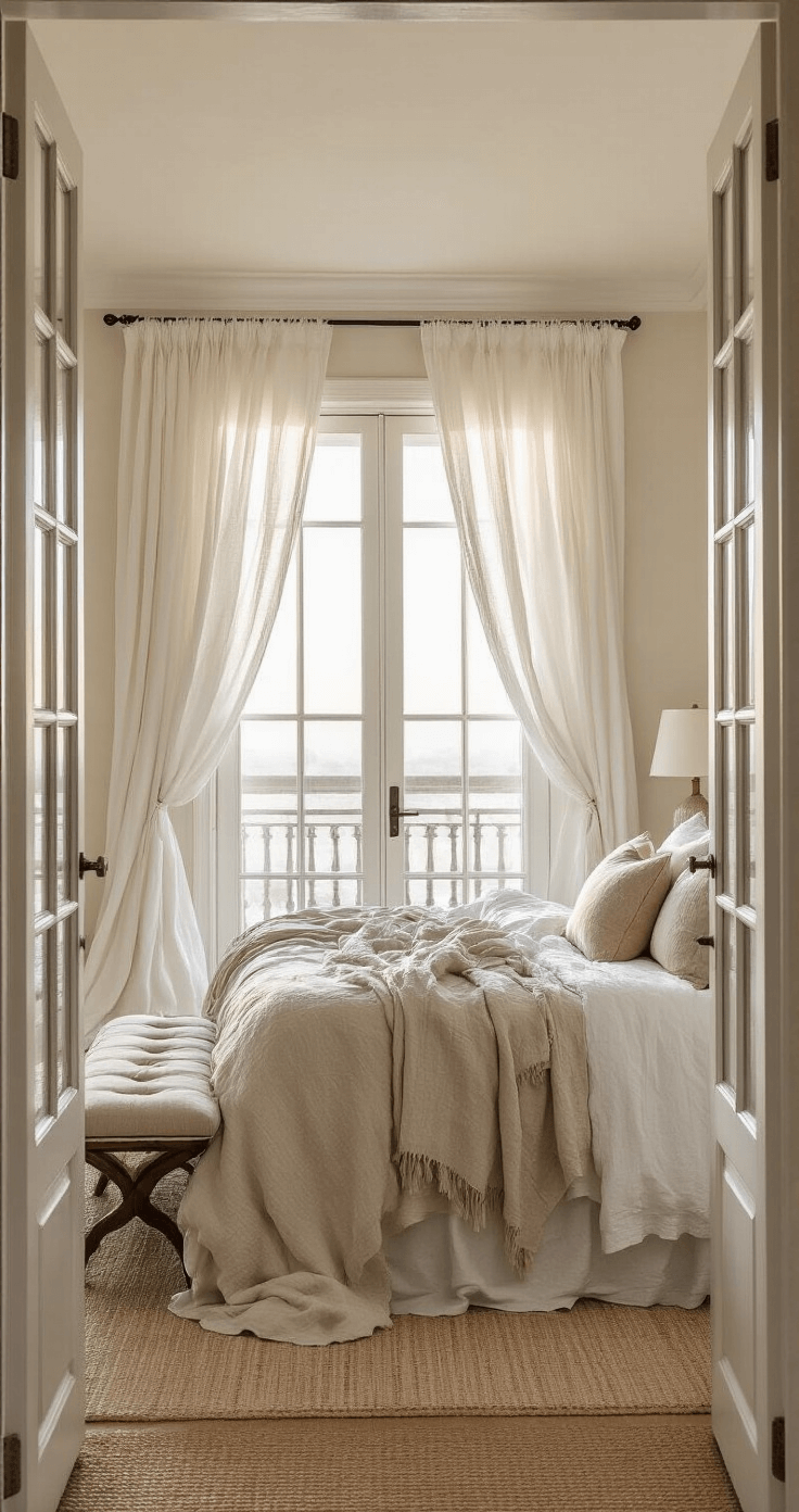 Coastal Grandma Fall Style: Creating Cozy, Elegant Autumn Interiors A serene primary bedroom at dawn featuring an open juliet balcony, billowing gauzy white curtains, a king bed with rumpled linen in warm whites and taupes, textured pillows, and a vintage bench at the foot of the bed, all softly illuminated by morning light.