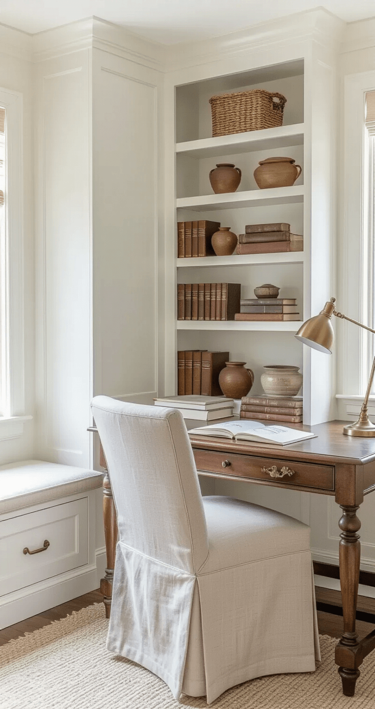 Coastal Grandma Fall Style: Creating Cozy, Elegant Autumn Interiors Cozy corner home office with floor-to-ceiling white built-ins, a plush linen chair facing an antique writing desk, illuminated by a brass task lamp, showcasing a vignette of leather-bound books and ceramic vessels, captured at desk level with soft natural light.