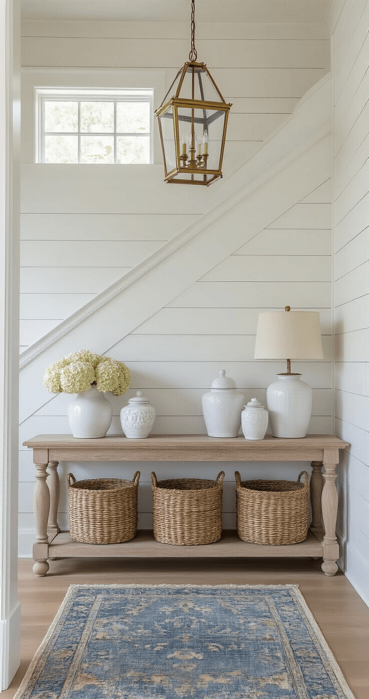 Coastal Grandma Fall Style: Creating Cozy, Elegant Autumn Interiors Welcoming entryway featuring white shiplap walls, an aged brass lantern pendant, and a curved bleached oak console table adorned with white ceramic ginger jars and dried hydrangeas, complemented by a vintage runner in muted blues leading to the staircase, with woven market baskets beneath the console, all illuminated by morning light streaming through a transom window.