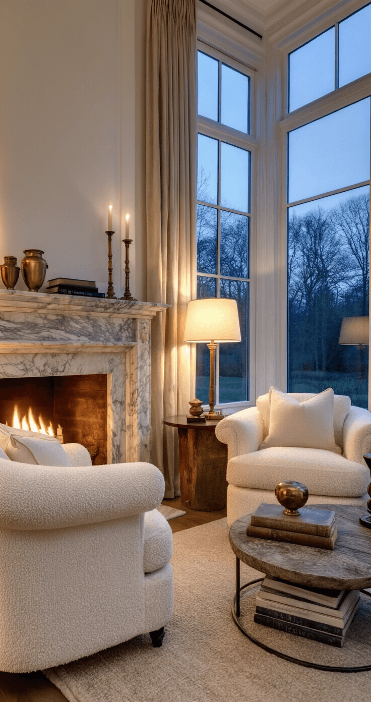 Coastal Grandma Fall Style: Creating Cozy, Elegant Autumn Interiors A cozy window-side sitting area featuring oversized creamy bouclé bergère chairs facing a marble fireplace with a weathered wood mantel, illuminated by a soft table lamp on a round side table adorned with vintage books and brass objects, captured at twilight.