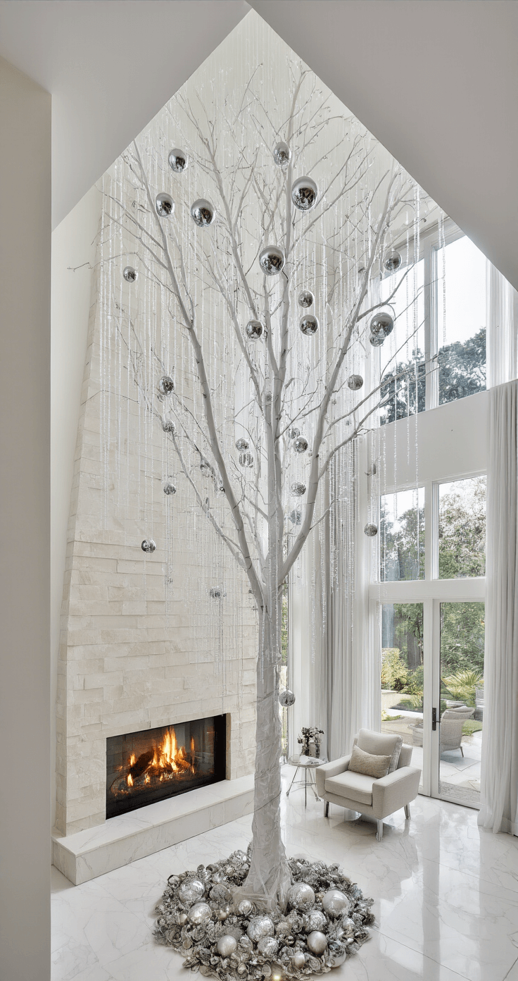 Styling a White Christmas Tree: Your Ultimate Elegant Holiday Guide A spacious contemporary great room featuring a 12' ceiling and large white artificial tree decorated with glass baubles and crystal garlands, spotlighted by morning light filtering through sheer curtains and reflecting off white marble floors.