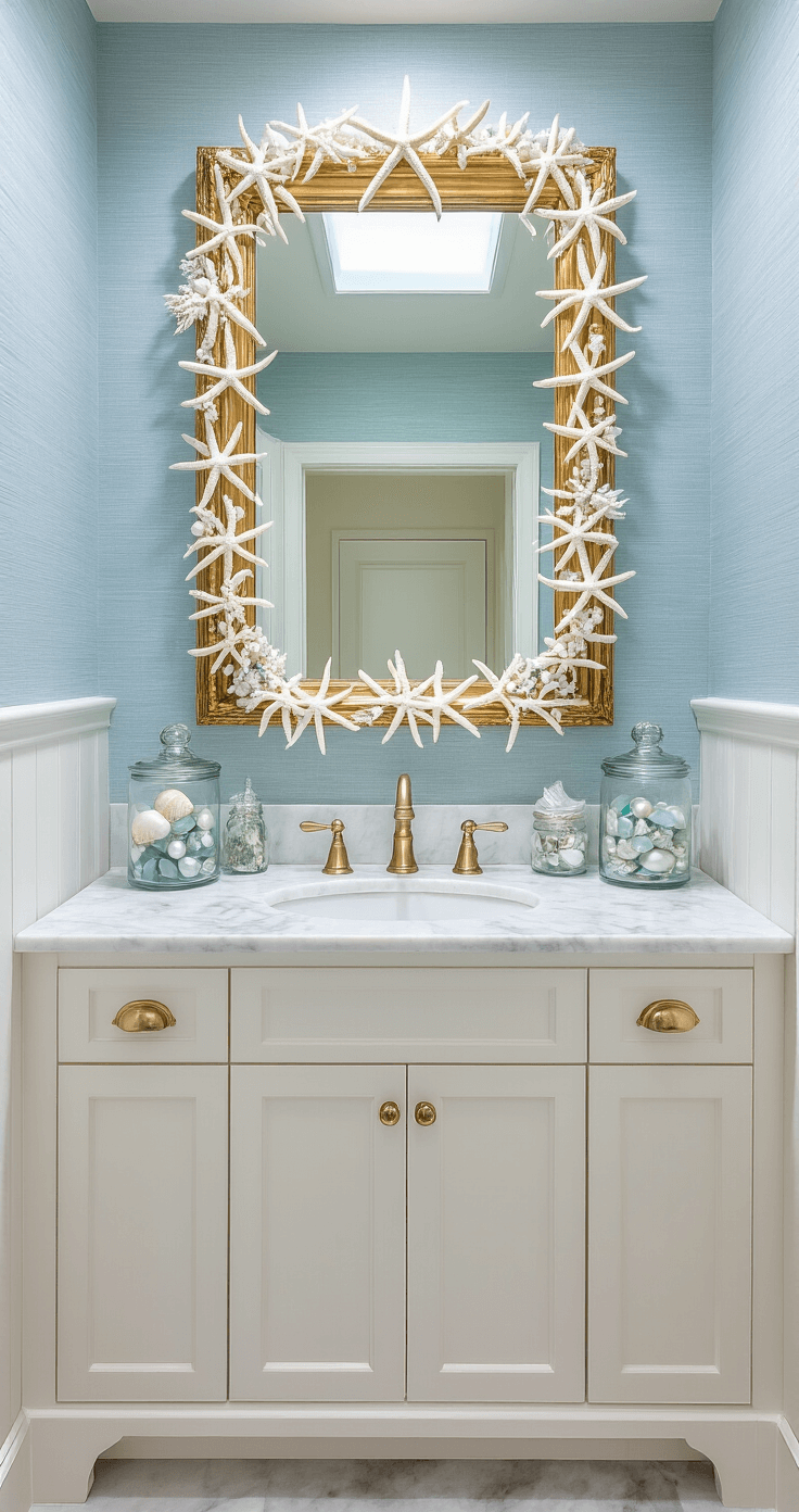 A Coastal Cottage Christmas: Bringing Seaside Serenity to Your Holiday Decor Luxurious powder room featuring pale blue grasscloth walls and white board and batten, adorned with a vintage gold mirror topped with a garland of starfish and shells, alongside a white marble vanity styled with sea glass jars, illuminated by natural light from a skylight.