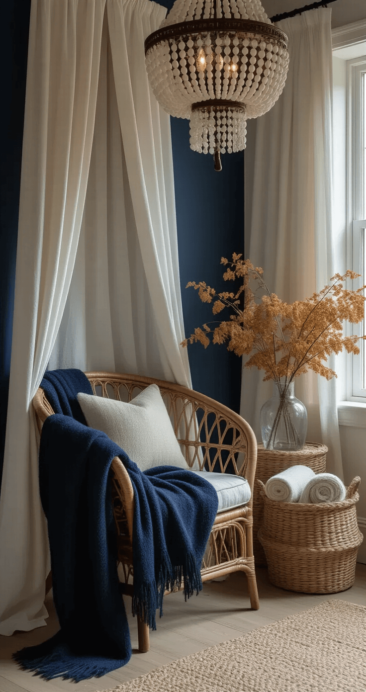Coastal Fall Bedroom: Create a Serene Seasonal Sanctuary A cozy bedroom corner featuring a vintage rattan reading chair with a navy wool throw, illuminated by a dramatic beaded chandelier. Sheer white linen curtains filter blue hour light, while woven water hyacinth baskets hold rolled blankets on bleached oak floors. A clear glass vase displays muted fall foliage, complemented by a color palette of ivory, navy, warm beige, and copper accents, all captured at a 45-degree angle to emphasize texture.