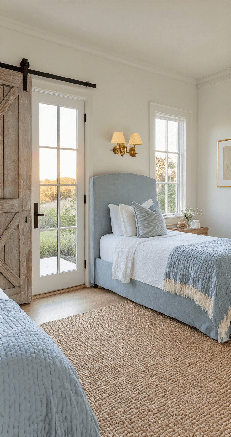 Coastal Fall Bedroom: Create a Serene Seasonal Sanctuary A sunset-lit guest bedroom featuring twin beds with blue-grey upholstered headboards and cream linens, French doors opening to a coastal garden, a weathered barn door, and brass wall sconces, all arranged symmetrically to highlight the indoor-outdoor connection.