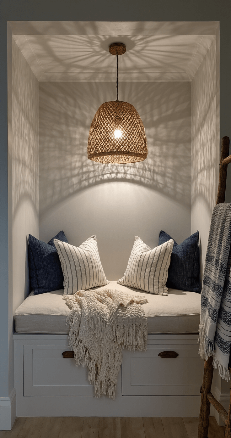 Coastal Fall Bedroom: Create a Serene Seasonal Sanctuary Cozy bedroom alcove at dusk featuring a built-in window seat with coastal striped cushions, a vintage ladder with textured throw blankets, and a rattan pendant casting shadows, all in a fog grey, vanilla, and deep navy color palette with amber accents.