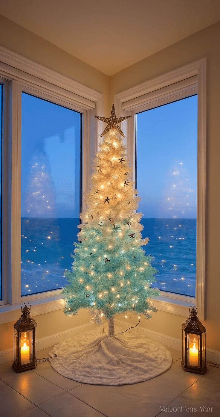 Coastal Christmas Tree: Transform Your Holiday Decor with Seaside Charm An intimate evening scene in a beachfront condo featuring a slim artificial tree adorned with an ombrรฉ effect decoration, warm white and blue lights, and a starfish topper. The tree is set in a bay window alcove, with Capiz shell garland shimmering in the soft light. The low-angle view highlights the height of the window and the twilight ocean beyond, framed by vintage brass lanterns with flickering candles.