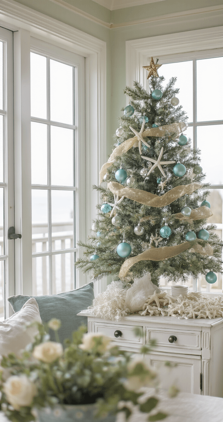 Coastal Christmas Tree: Transform Your Holiday Decor with Seaside Charm A cozy breakfast nook adorned with a 5ft tabletop Christmas tree, decorated in sea glass hues and white starfish, with a vintage white console beneath and soft morning mist visible through French doors.