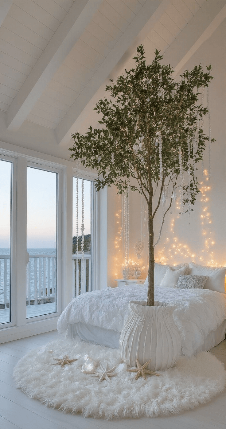 Coastal Christmas Tree: Transform Your Holiday Decor with Seaside Charm Contemporary main bedroom with cathedral ceiling featuring a 7ft slim tree in a reading nook by floor-to-ceiling windows, illuminated by dusk lighting and twinkle lights. The room showcases a monochromatic white and silver coastal theme with mother-of-pearl ornaments, crystalline starfish, and iridescent shell garlands, complemented by a white faux fur tree skirt. The image captures the entire room depth from the doorway, highlighting bed linens in a coastal palette.
