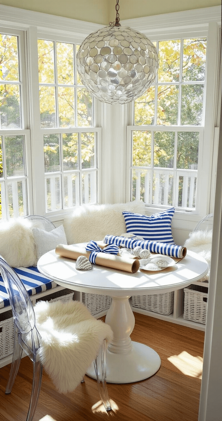 A Dreamy Coastal Christmas Living Room: Transform Your Space with Seaside Serenity A breakfast nook transformed into a gift-wrapping station featuring a white pedestal table with kraft paper rolls, striped ribbons, and silver-painted shells, surrounded by ghost chairs with sheepskin throws and white-washed basket storage, illuminated by morning light streaming through bay windows and a capiz shell pendant light casting prismatic shadows.