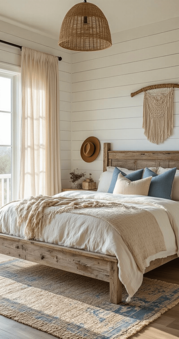 Coastal Cowgirl Bedroom: Create Your Dream Retreat with Western Coastal Charm Expansive coastal cowgirl bedroom featuring a reclaimed wooden king bed against a whitewashed shiplap wall, bathed in late afternoon golden light, with layered cream and beige bedding, vintage decor, and a warm, inviting atmosphere.