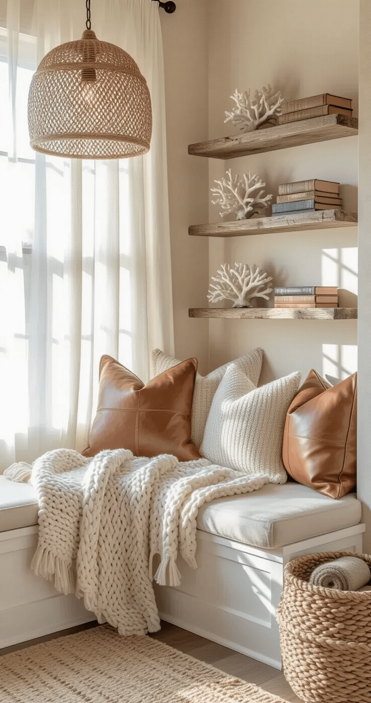 Coastal Cowgirl Bedroom: Create Your Dream Retreat with Western Coastal Charm Intimate bedroom corner vignette at sunrise featuring a distressed white oak reading nook with chunky knit throws and leather pillows, woven rattan pendant casting shadows on blush walls, floating reclaimed wood shelves with coral and vintage books, and a seagrass basket with blankets, all bathed in morning light through sheer curtains.