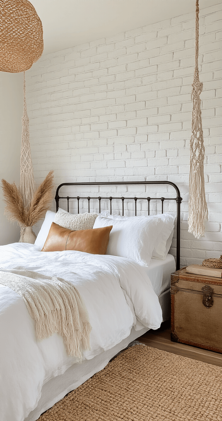 Coastal Cowgirl Bedroom: Create Your Dream Retreat with Western Coastal Charm Cozy guest bedroom with whitewashed brick accent wall, iron bed frame, cloud-white linens, and tan leather lumbar pillow, featuring dried pampas grass in macramé hangers, a weathered trunk as a nightstand, and a braided jute rug over hardwood floors, illuminated by mid-morning light.