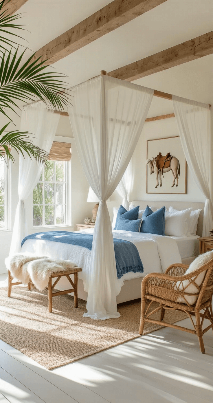Coastal Cowgirl Bedroom: Create Your Dream Retreat with Western Coastal Charm A sunlit bedroom suite featuring a vaulted ceiling with exposed beams, a four-poster bed draped in a gauzy white canopy and coastal blue pillows, a vintage saddle as art, a rattan chair with a sheepskin throw, whitewashed wooden floors with neutral rugs, and palm fronds creating dynamic shadows, captured from an elevated angle.